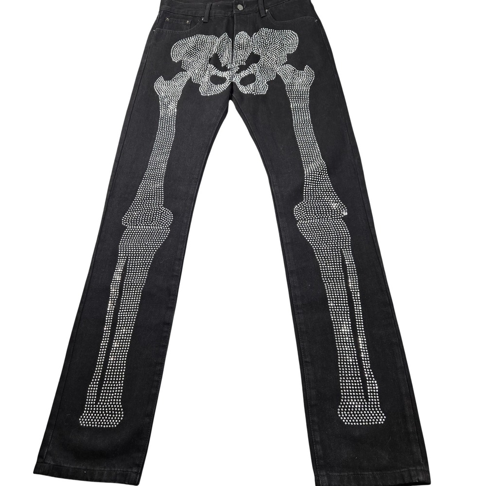 Mnml Jeans Mens 31x35 (tag 32) Black Skeleton Rhinestone Slim Straight Denim